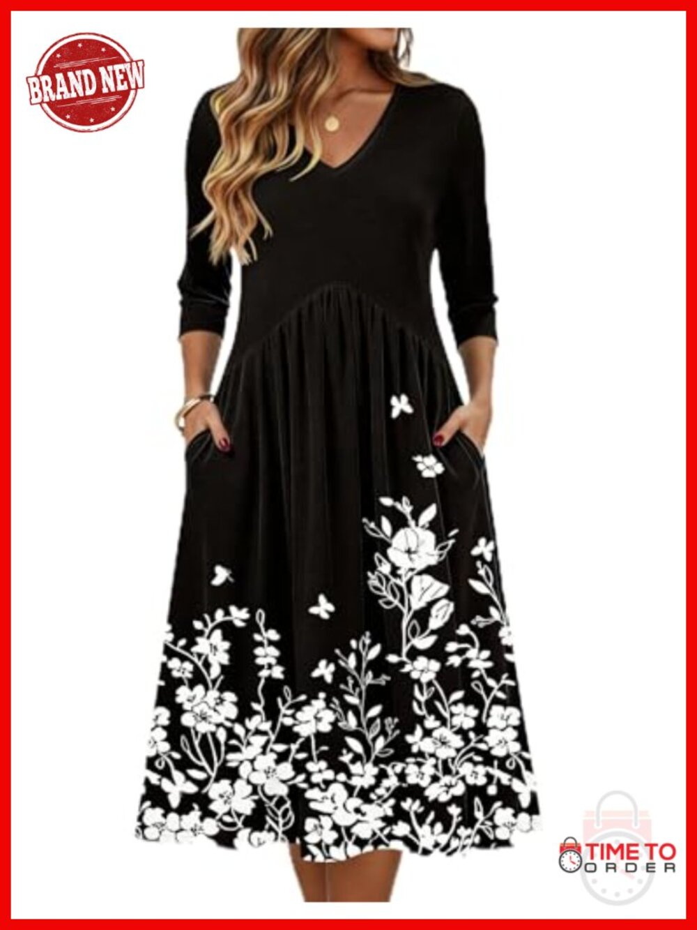 Zeagoo Women Midi Dress 3/4 Sleeve Casual Tshirt Dress with Pockets Flowy